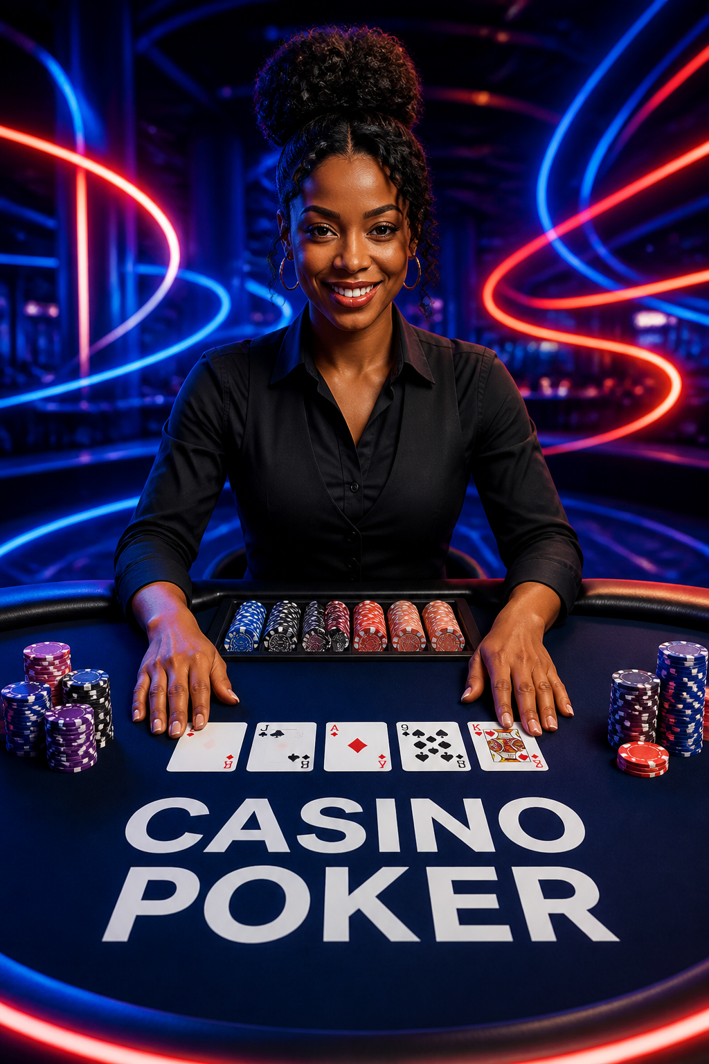 Casino poker table with cards and dealer position